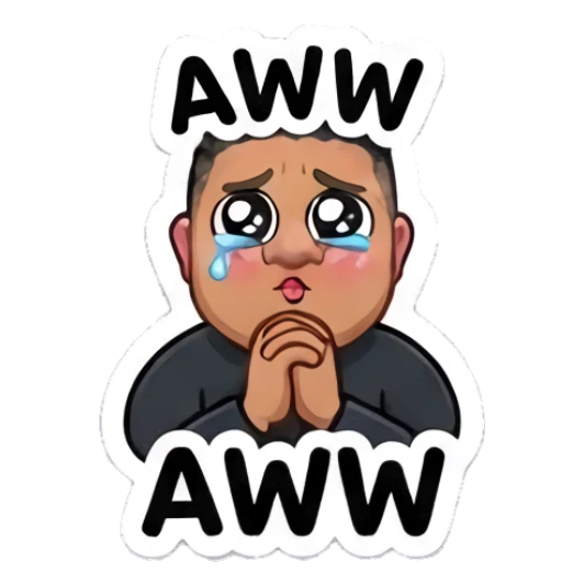 Man crying with hands together, text AWW Cool Guy Daily Vibes sticker for expressive chats and social replies.
