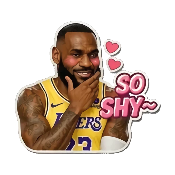 LeBron blushing shyly with hearts and text SO SHY~ LeBron Court Vibes sticker for expressive chats and social replies.