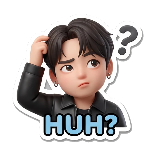 Charming boy looking confused with a question mark and 'HUH?' text Charming Boy Daily Expressions sticker for expressive chats and social replies.