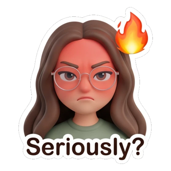 Angry girl with glasses and a flame icon. Cute Glasses Girl Daily sticker for expressive chats and social replies.