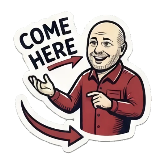 Bald man gesturing to come closer, text COME HERE Bald Guy Daily Vibes sticker for expressive chats and social replies.