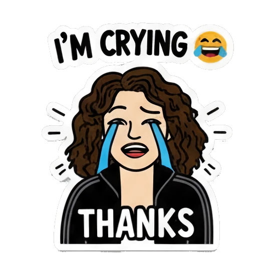 Curly-haired girl crying with text I'M CRYING THANKS Curly Hair Girl Daily Vibes sticker for expressive chats and social replies.