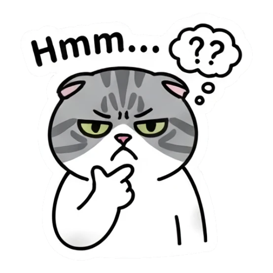 Thoughtful gray cat scratching chin with text Hmm... Gray Tabby Moods sticker for expressive chats and social replies.