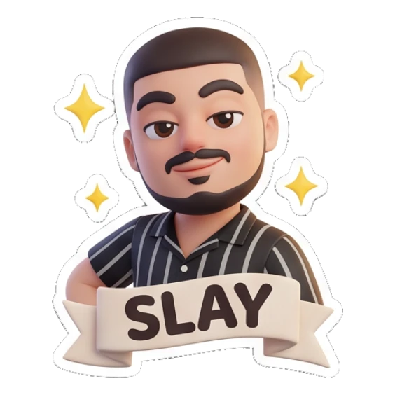 Bearded man looking confident and stylish with 'SLAY' text. Modern Bearded Guy sticker for expressive chats and social replies.