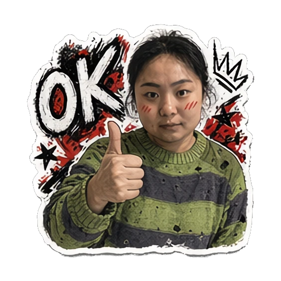 年轻女性竖起大拇指，表情自信，文字OK Punk Girl Daily Vibes sticker for expressive chats and social replies.