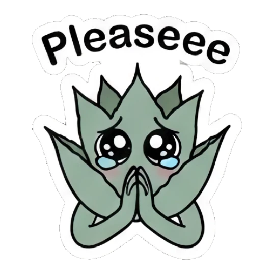Pleading aloe plant with puppy eyes. Cheerful Aloe Adventures sticker for expressive chats and social replies.