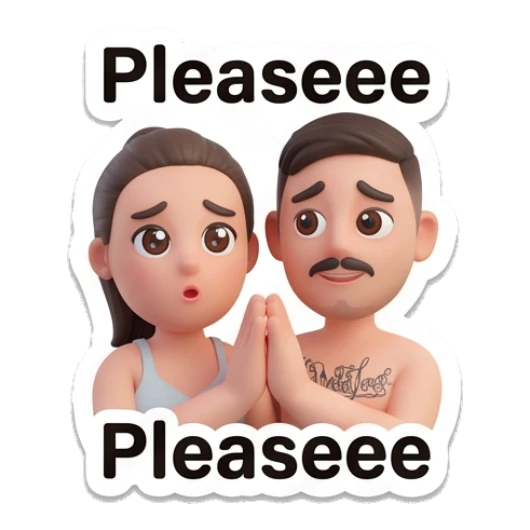 Couple begging with hands together with text Pleaseee Our Daily Vibes sticker for expressive chats and social replies.