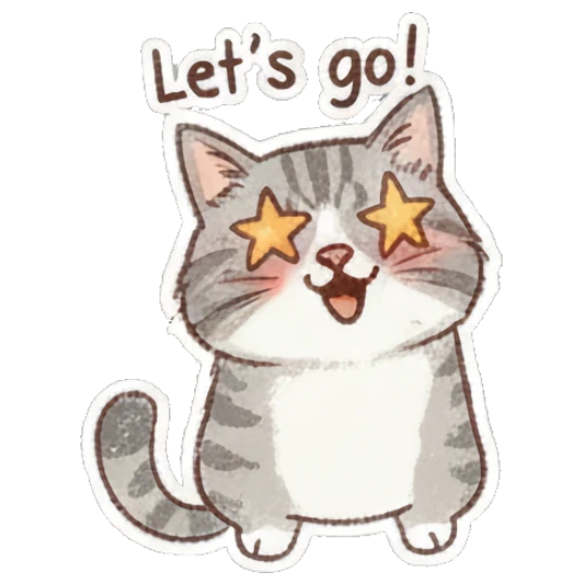 Cat looking energetic with star eyes, text Let's go! Fluffy Doodle Cat Expressions sticker for expressive chats and social replies.