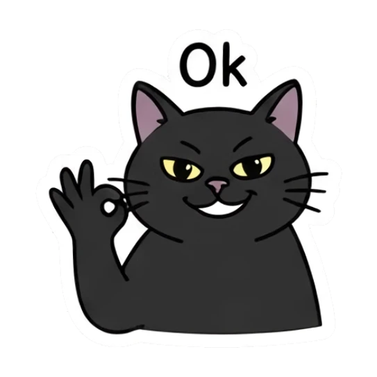 Black cat making an OK gesture with a confident smile. Playful Black Cat Moods sticker for expressive chats and social replies.
