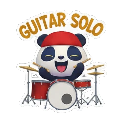 Panda playing drums with red cap and GUITAR SOLO text Rocking Panda Band sticker for expressive chats and social replies.