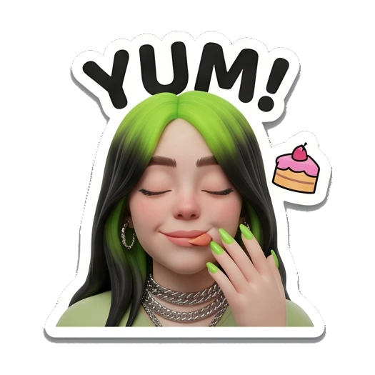 Billie character eating cake with YUM! text, delicious Billie Eilish 3D Expressions sticker for expressive chats and social replies.