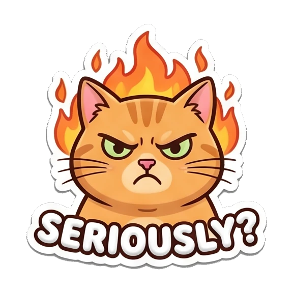 Angry orange cat with flames behind head, text SERIOUSLY Puffy Orange Cat Moods sticker for expressive chats and social replies.