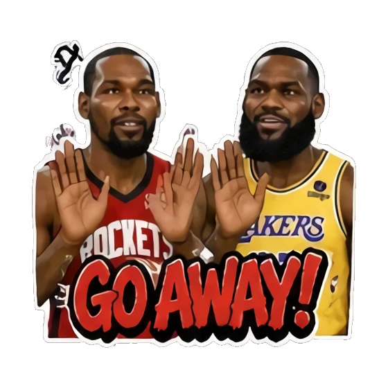 Two players waving hands to dismiss, annoyed, text GO AWAY. Basketball Legends Duo sticker for expressive chats and social replies.
