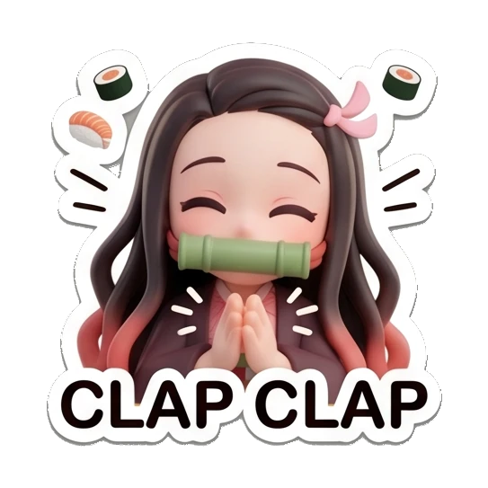 Nezuko clapping hands with sushi icons Nezuko Cute 3D Moments sticker for expressive chats and social replies.
