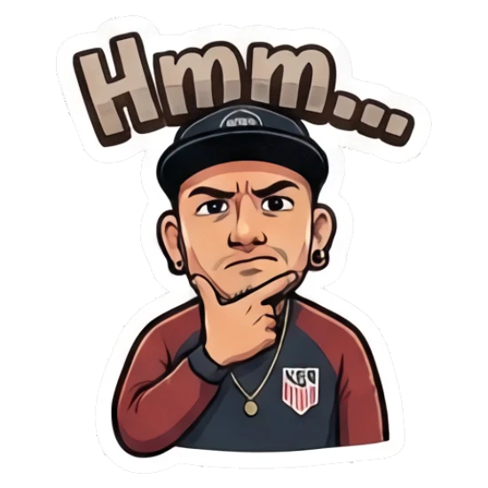 Man thinking with a hand on his chin saying hmm. Cool Guy Daily Vibes sticker for expressive chats and social replies.