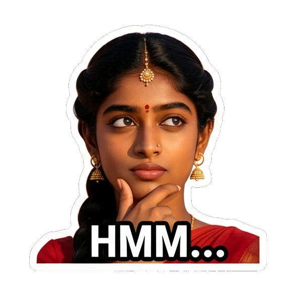 Pensive Indian girl resting chin on hand thinking Hmm Indian Girl Expressions sticker for expressive chats and social replies.