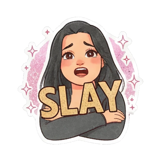 Young woman looking shocked with 'SLAY' text. Modern Girl Daily Expressions sticker for expressive chats and social replies.