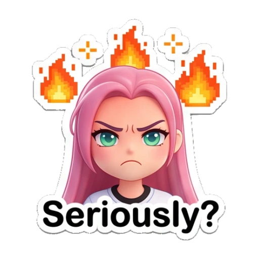 Pink-haired girl looking angry with fire background and text Seriously? Pinky Pop Adventures sticker for expressive chats and social replies.