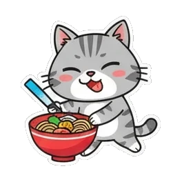Gray tabby cat eating a bowl of noodles Cheerful Gray Tabby Adventures sticker for expressive chats and social replies.