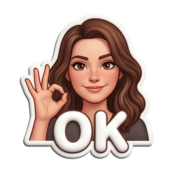 Brunette girl making an OK hand gesture with a confident smile. Playful Brunette Expressions sticker for expressive chats and social replies.