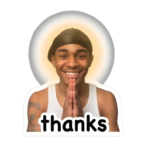 Young man praying with a halo effect and text thanks. Daily Vibes of a Durag Guy sticker for expressive chats and social replies.
