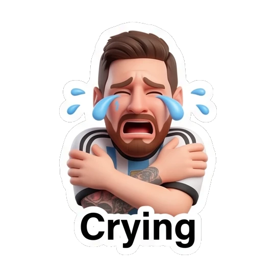Messi crying with arms crossed Messi Moods sticker for expressive chats and social replies.