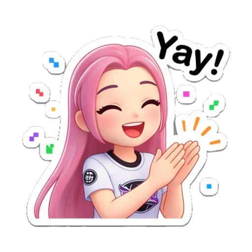 Pink-haired girl clapping happily with confetti and text Yay! Pinky Pop Adventures sticker for expressive chats and social replies.