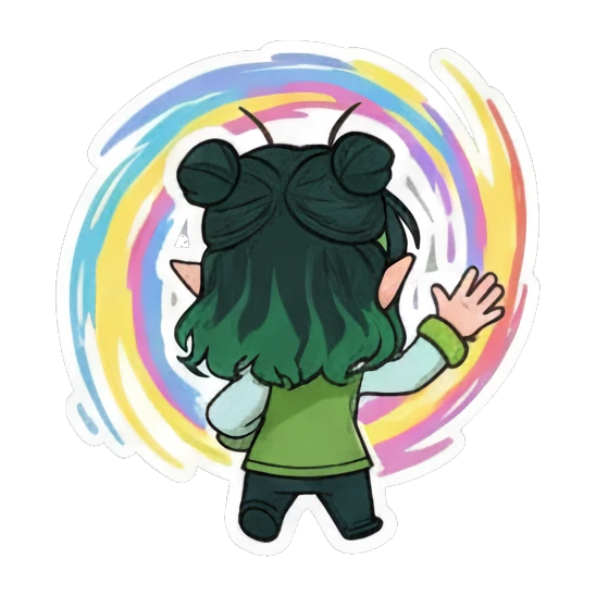 Girl turning away with a colorful rainbow swirl background Green Mantis Girl Adventures sticker for expressive chats and social replies.