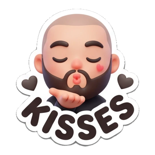 Bearded man blowing a kiss with hearts, text KISSES Bearded Buddy Expressions sticker for expressive chats and social replies.