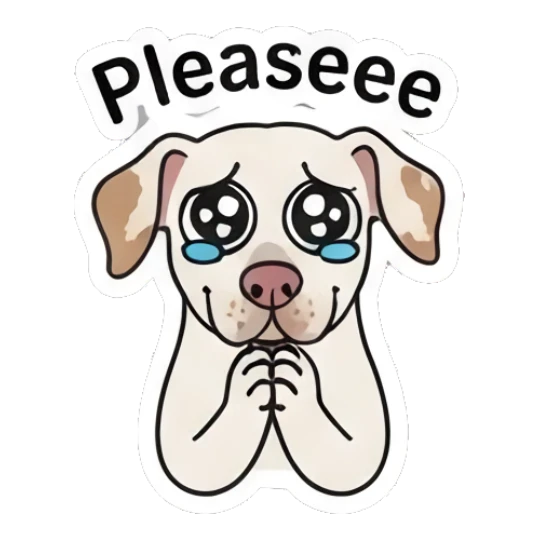 Pleading puppy with big watery eyes and text Pleaseee Playful Spotted Puppy Expressions sticker for expressive chats and social replies.
