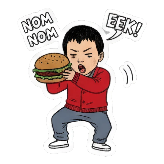 boy eating a burger Red Sweater Boy Daily Life sticker for expressive chats and social replies.