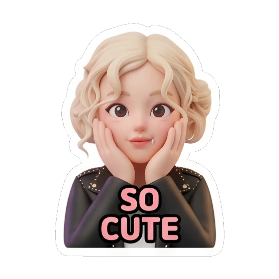 金发女孩双手托腮，表情可爱，文字SO CUTE Blonde Rocker Girl Daily sticker for expressive chats and social replies.