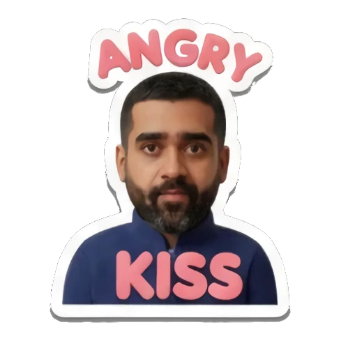 Bearded man looking annoyed with text ANGRY Cheerful Bearded Professional sticker for expressive chats and social replies.