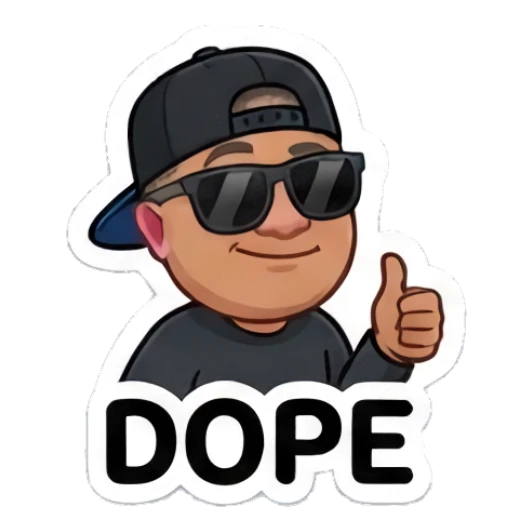Man wearing cap and sunglasses giving thumbs up, text DOPE Cool Guy Daily Vibes sticker for expressive chats and social replies.