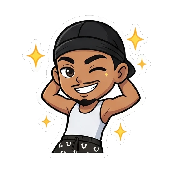 Confident guy winking and flexing muscles with sparkling stars Cool Guy Daily Vibes sticker for expressive chats and social replies.