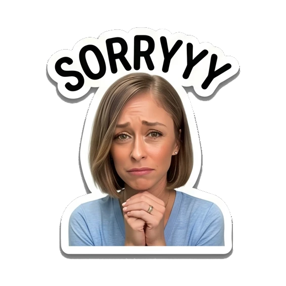 Woman looking apologetic with hands clasped, text SORRYYY Everyday Expressions of Sarah sticker for expressive chats and social replies.