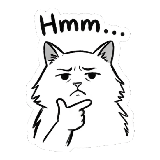 Cat looking thoughtful with paw on chin, text Hmm... Quirky Doodle Cat Moods sticker for expressive chats and social replies.