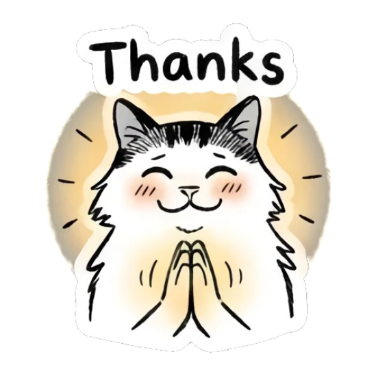 Cat with hands together in gratitude, glowing aura, text Thanks Quirky Doodle Cat Moods sticker for expressive chats and social replies.