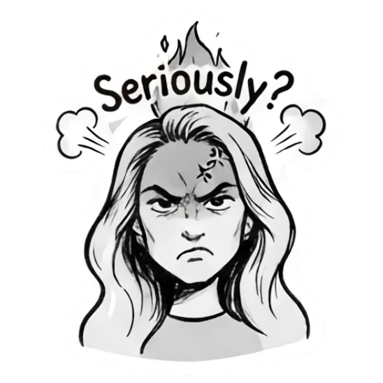 Girl looking angry with steam and Seriously text Doodle Girl Expressions sticker for expressive chats and social replies.