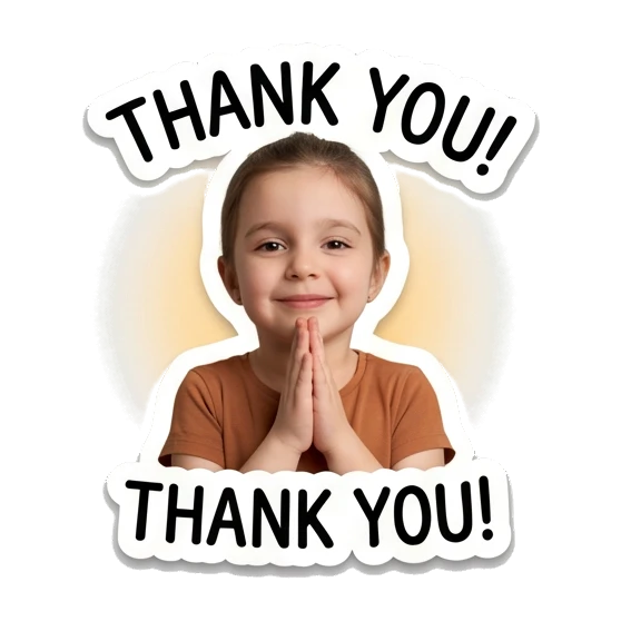 Young girl with hands together in a thank you gesture. Little Girl Daily Expressions sticker for expressive chats and social replies.