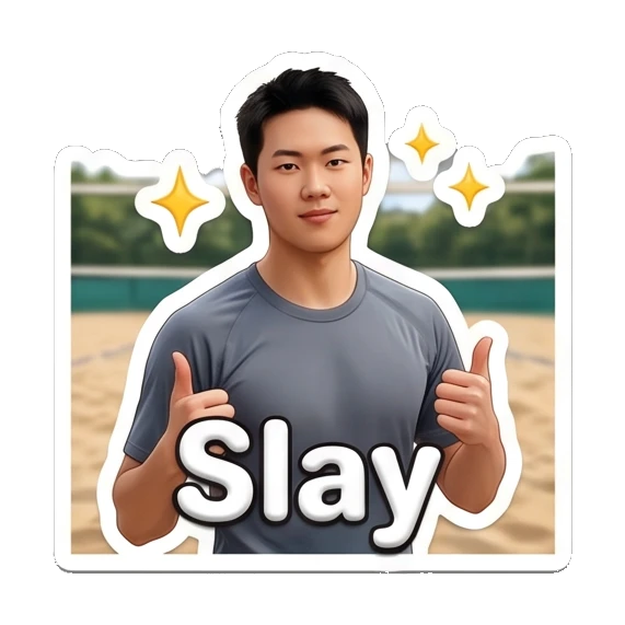 Confident player giving double thumbs up, text Slay Volleyball Boy Daily Life sticker for expressive chats and social replies.