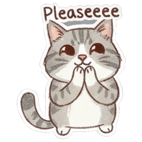Cat pleading with paws together, text Pleaseeee Fluffy Doodle Cat Expressions sticker for expressive chats and social replies.