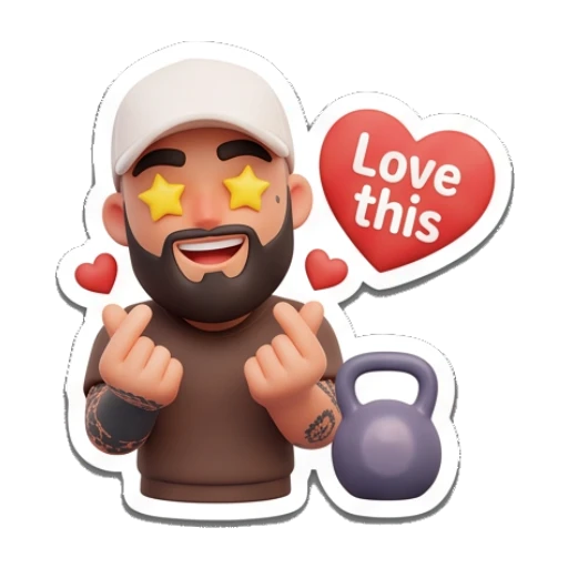 Man with star eyes making finger hearts, text 'Love this' Gym Bro Daily Life sticker for expressive chats and social replies.