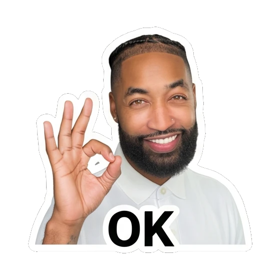 Bearded man making an OK hand gesture with a smile Daily Vibes with Marcus sticker for expressive chats and social replies.