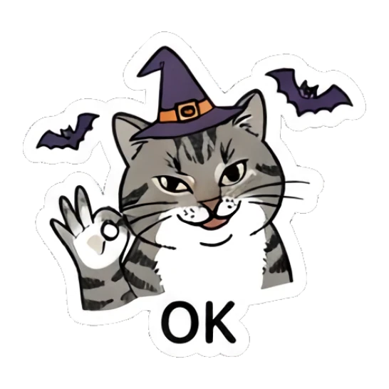 Tabby cat wearing a witch hat making an OK gesture, text OK Spooky Tabby Cat Adventures sticker for expressive chats and social replies.