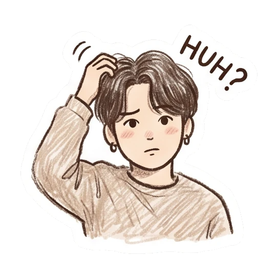 Boy scratching head in confusion, text HUH? Crayon Boy Daily Moods sticker for expressive chats and social replies.
