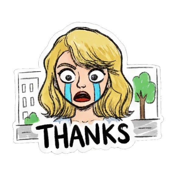Blonde girl looking shocked with city background and text THANKS Blonde Girl Doodle Diary sticker for expressive chats and social replies.