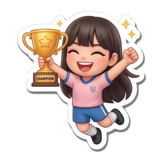 Girl jumping with trophy and CHAMPION text, triumphant expression Soccer Girl Daily Life sticker for expressive chats and social replies.