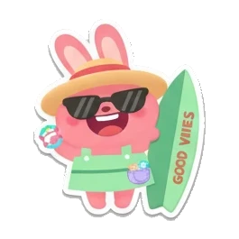 Pink bunny wearing sunglasses and hat holding a surfboard, Good Vibes text. Pink Bunny Beach Day sticker for expressive chats and social replies.