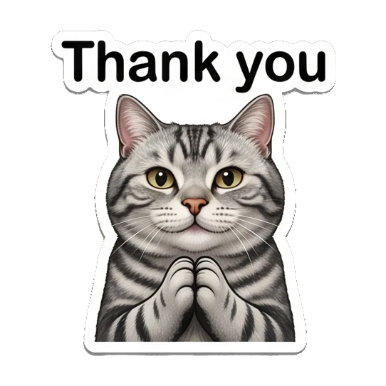 Grateful tabby cat with hands together and text Thank you Fluffy Tabby Moods sticker for expressive chats and social replies.